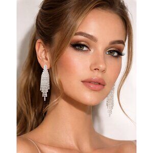 Cubic Zirconia Cascade Tassel Earrings Silver 2 Inches Long NWT